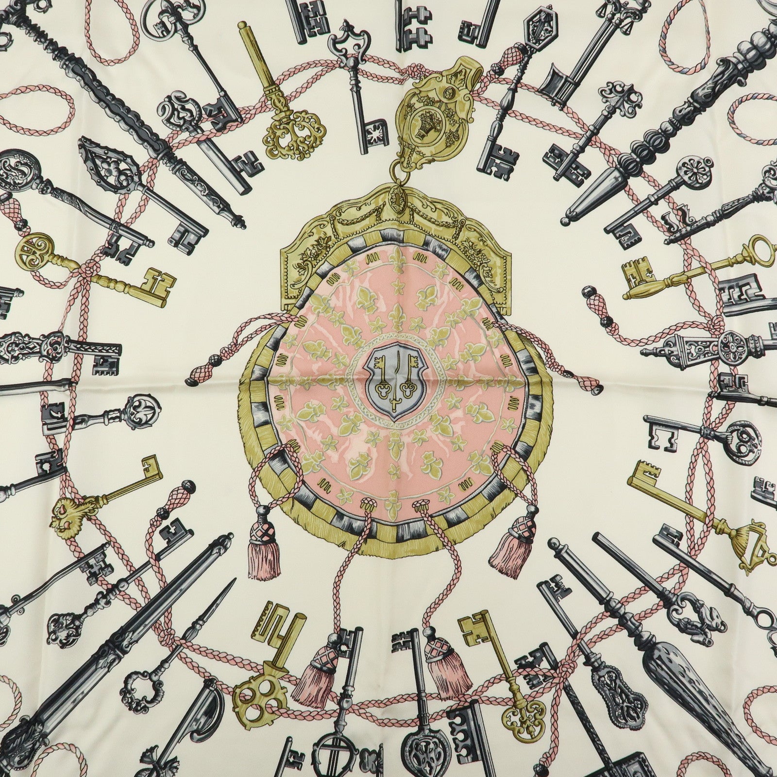 HERMES Carre 90 Silk 100% Scarf LES CLES THE KEYS RARE White Pink
