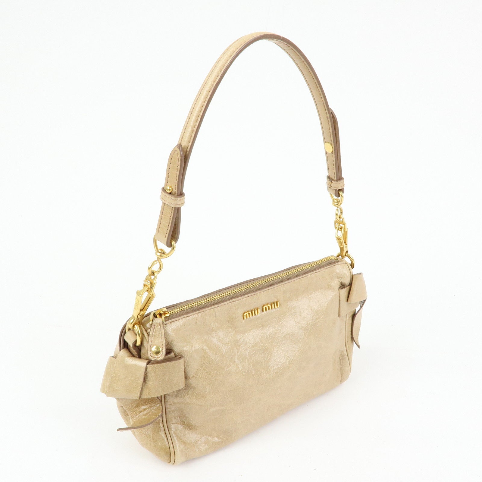 MIU MIU Leather Double Sided Ribbons Hand Bag Shoulder Bag Beige
