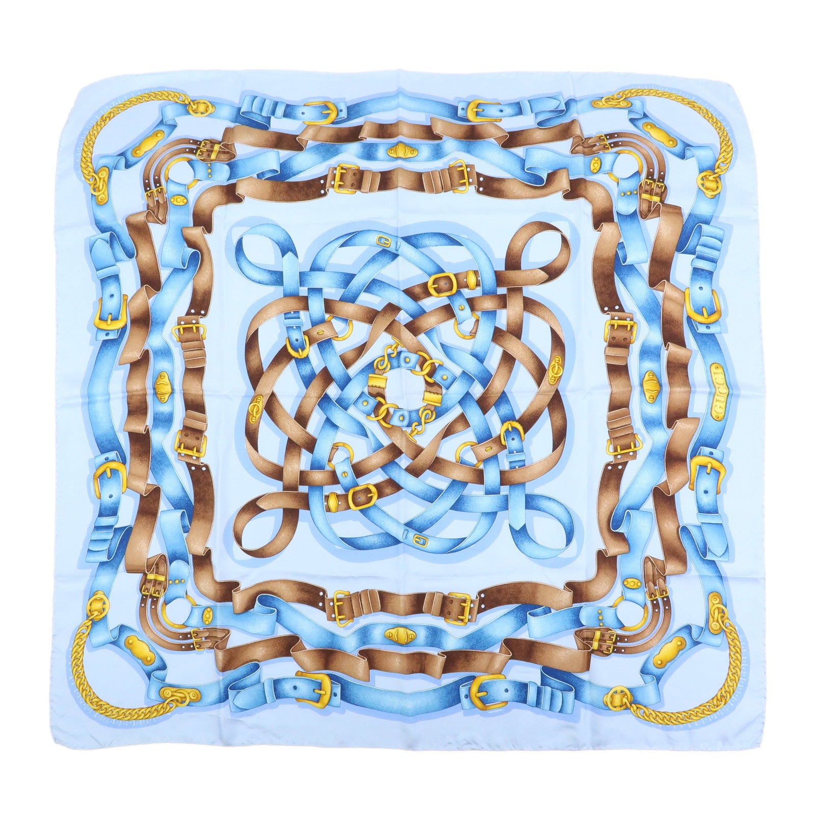 GUCCI Silk 100% Scarf 90x90 Strap Motif Light Blue Brown