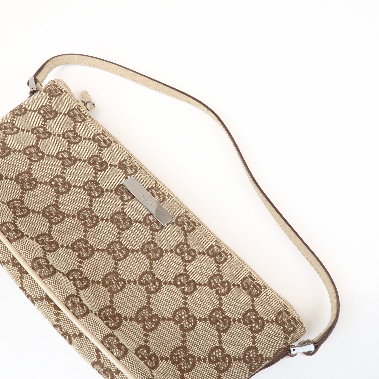 GUCCI Boat Bag GG Canvas Leather Pouch Hand Bag Beige Brown 07198