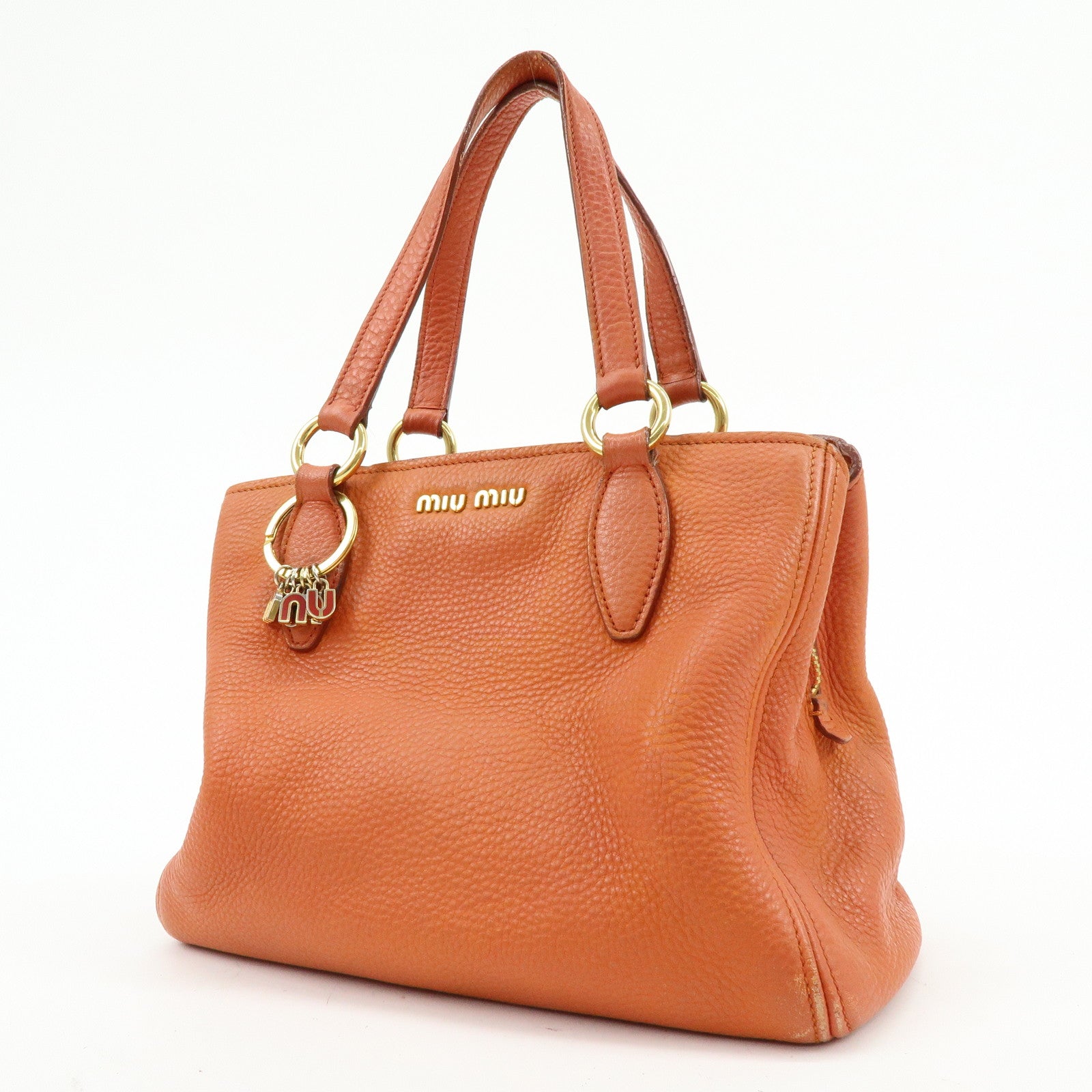 MIU MIU Logo Leather Hand Bag Tote Bag Orange