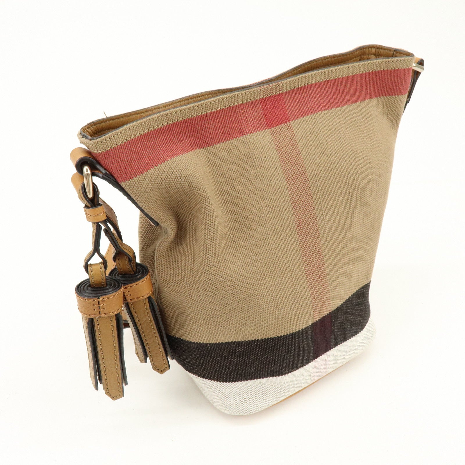 BURBERRY Nova Plaid Canvas Leather Tassel Shoulder Bag Beige Camel