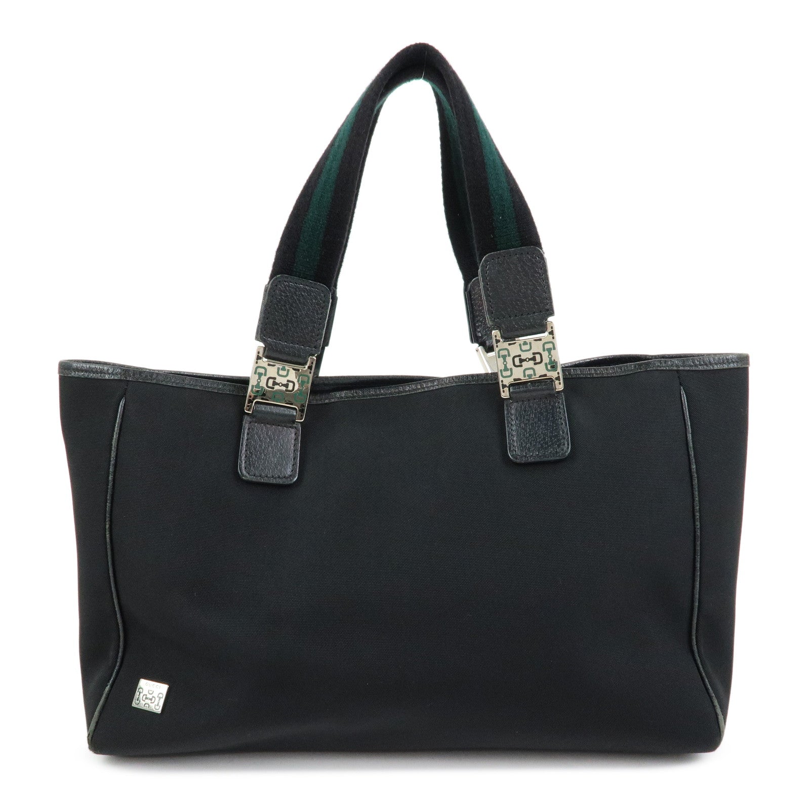 GUCCI Sherry Nylon Leather Tote Bag Hand Bag Black 145758