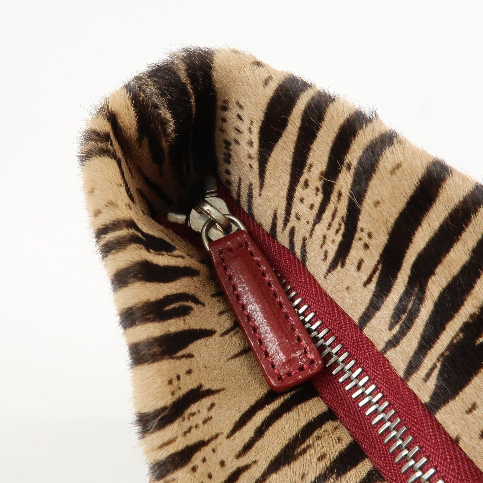 FENDI Leather Unborn Calf Tote Bag Hand Bag Zebra Brown Red Used