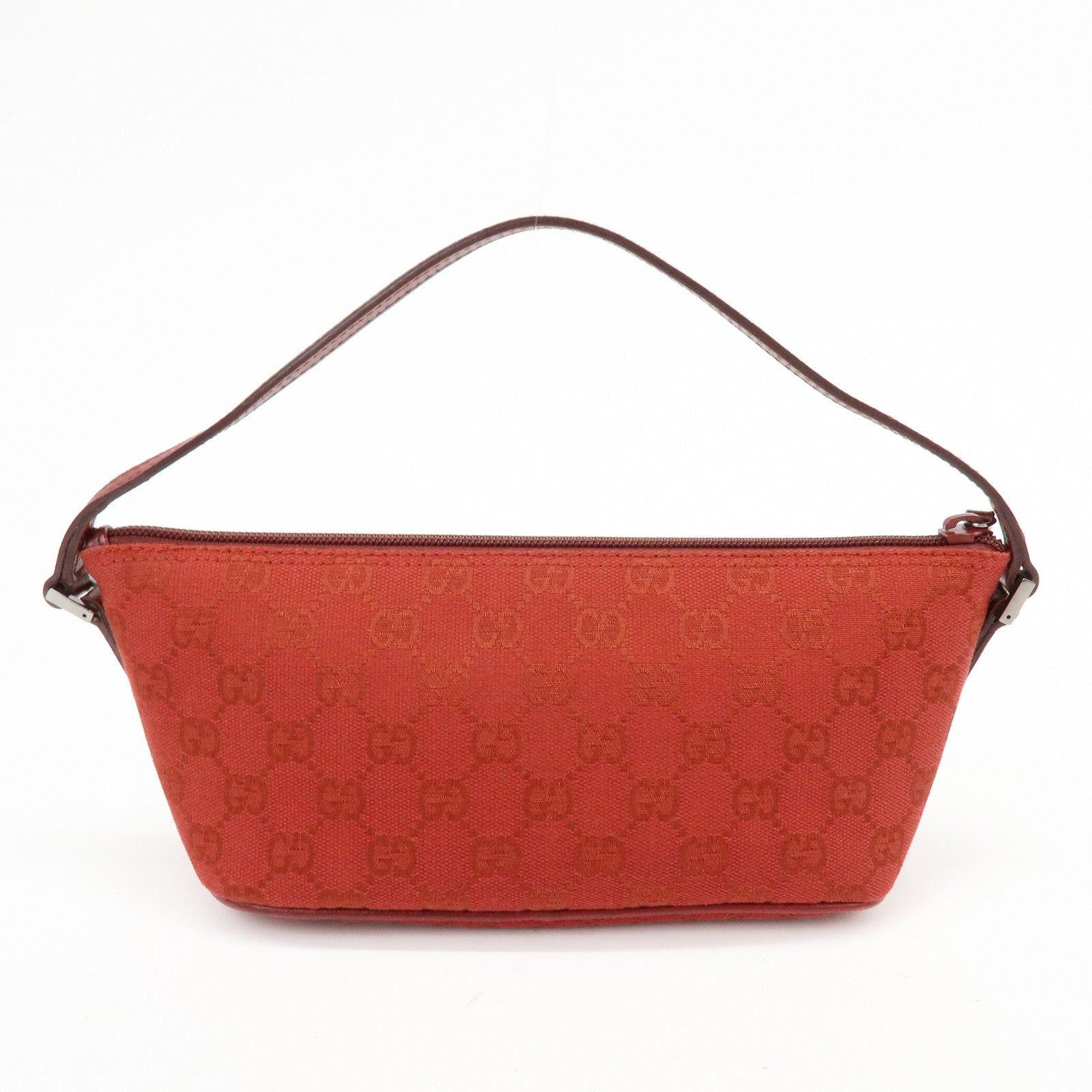 GUCCI Boat Bag GG Canvas Leather Accessory Pouch Hand Bag Red 07198