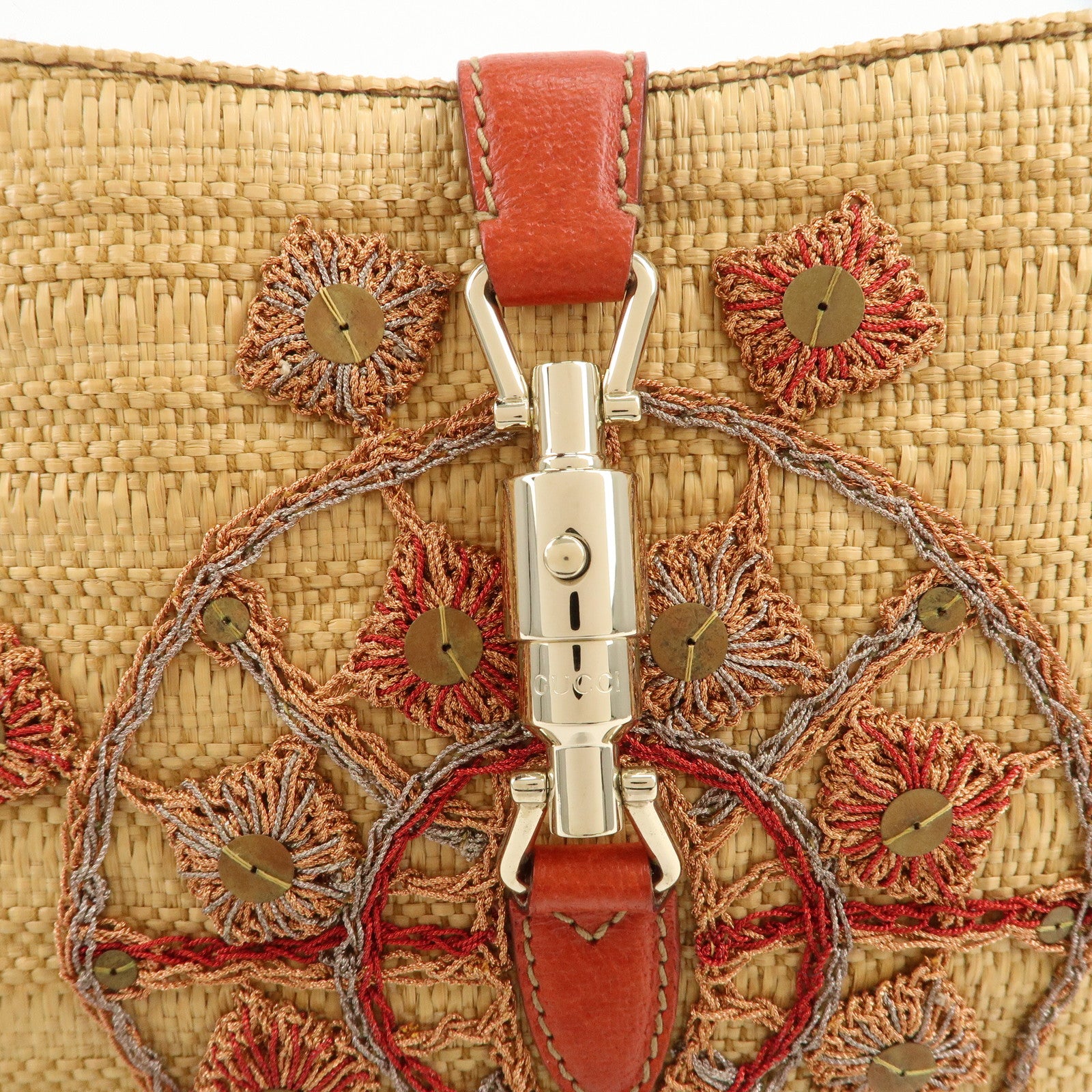 GUCCI New Jackie Raffia Leather Shoulder Bag Natural Orange 140040