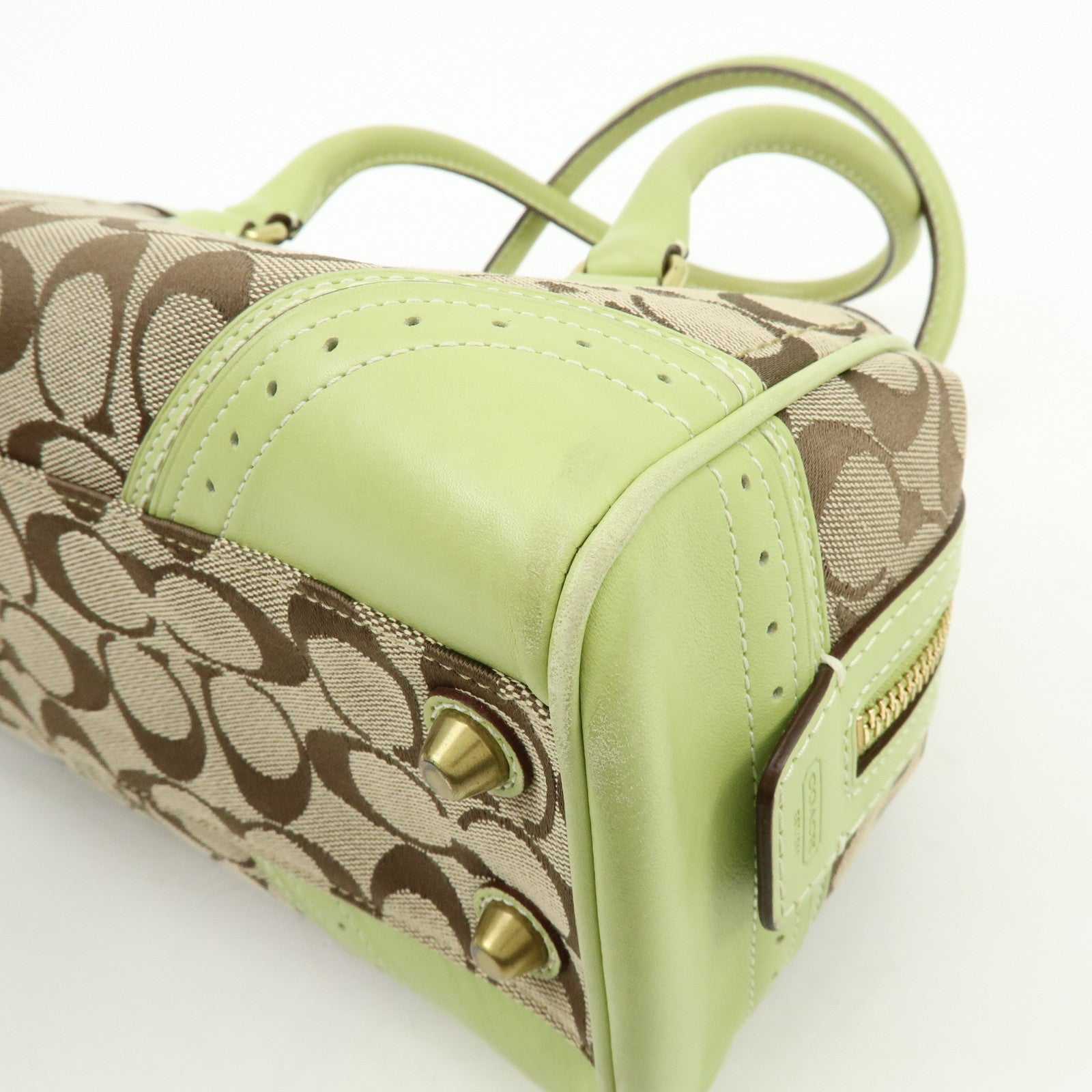 COACH Signature Canvas Leather Boston Hand Bag Light Brown Green