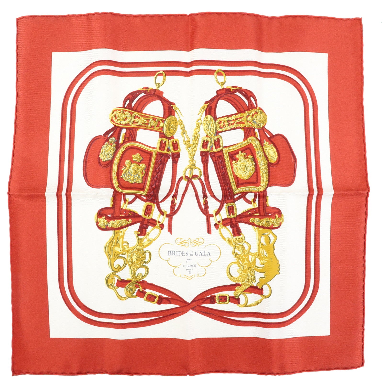 HERMES Carre 42 Silk 100% Scarf BRIDES de GALA Red White