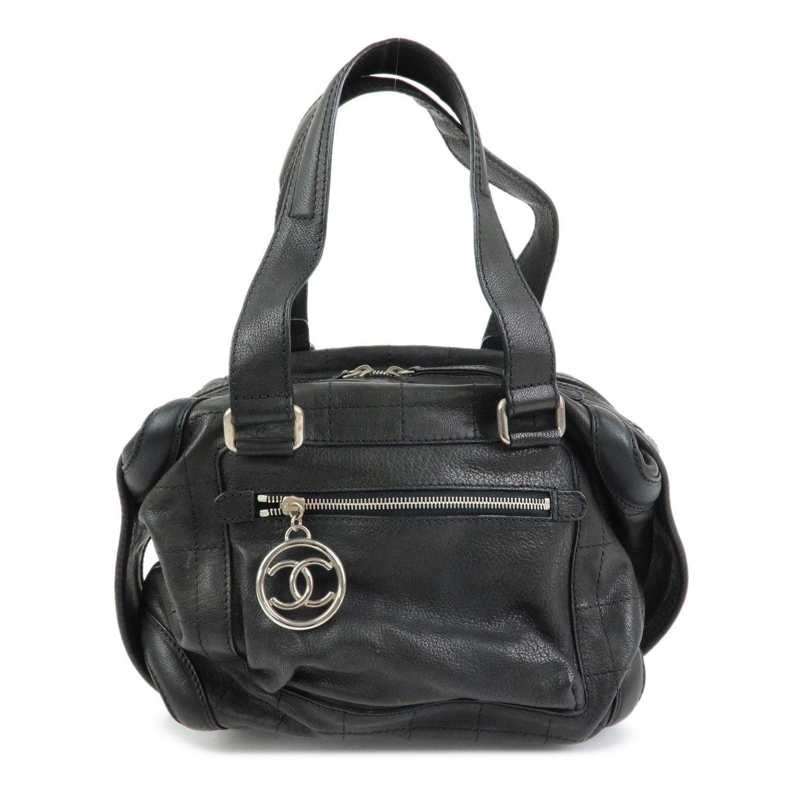 CHANEL Chocolate Bar Caviarskin Boston Bag Hand Bag Black