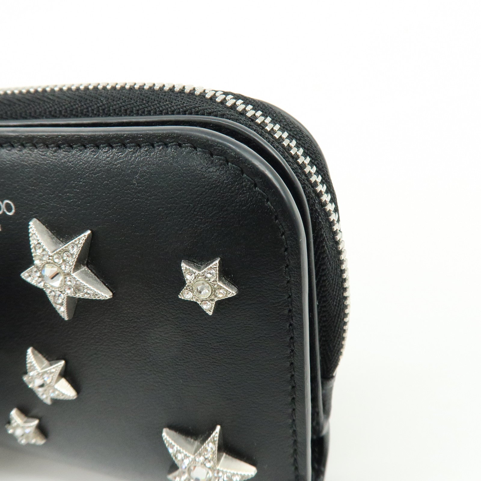 JIMMY CHOO Leather Compact  Zippy Wallet Star Studs Black