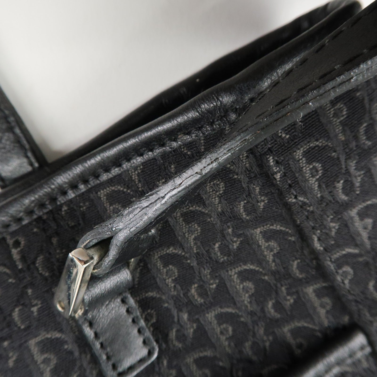 Christian Dior Trotter Leather Canvas Tote Bag Shoulder Bag Black Used