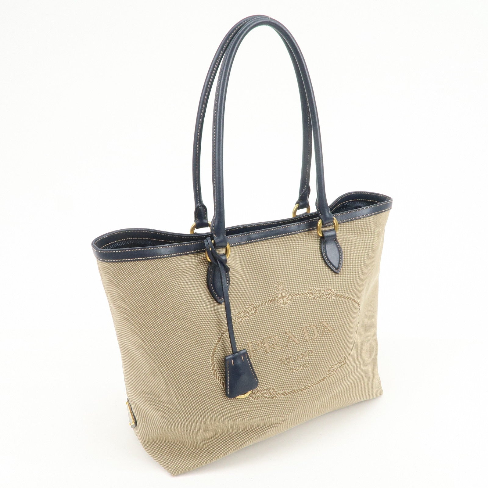 PRADA Logo Jacquard Leather Tote Bag Shoulder Bag Beige 1BG158