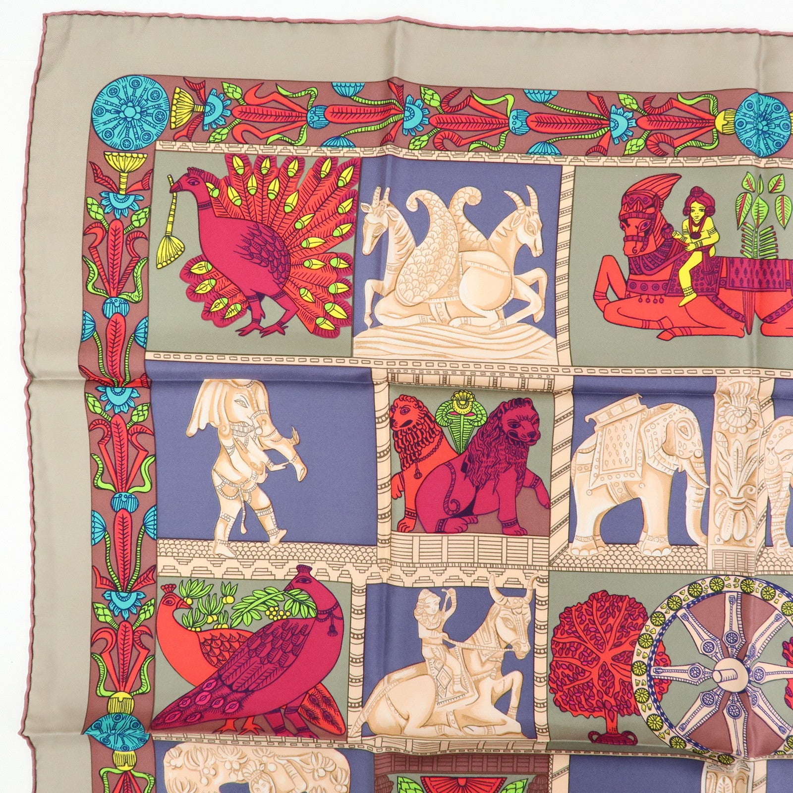 HERMES Carre 90 Silk 100% Scarf TORANA Red Purple Green