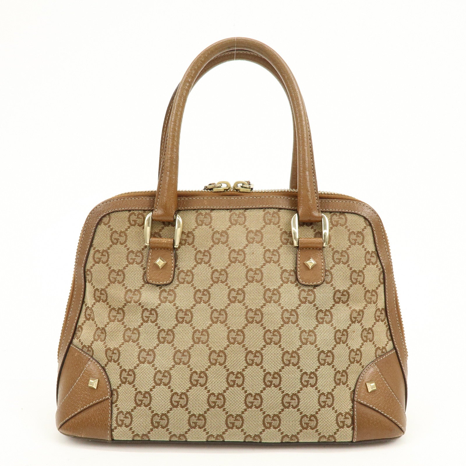 GUCCI GG Canvas Leather Studded Hand Bag Brown 131023