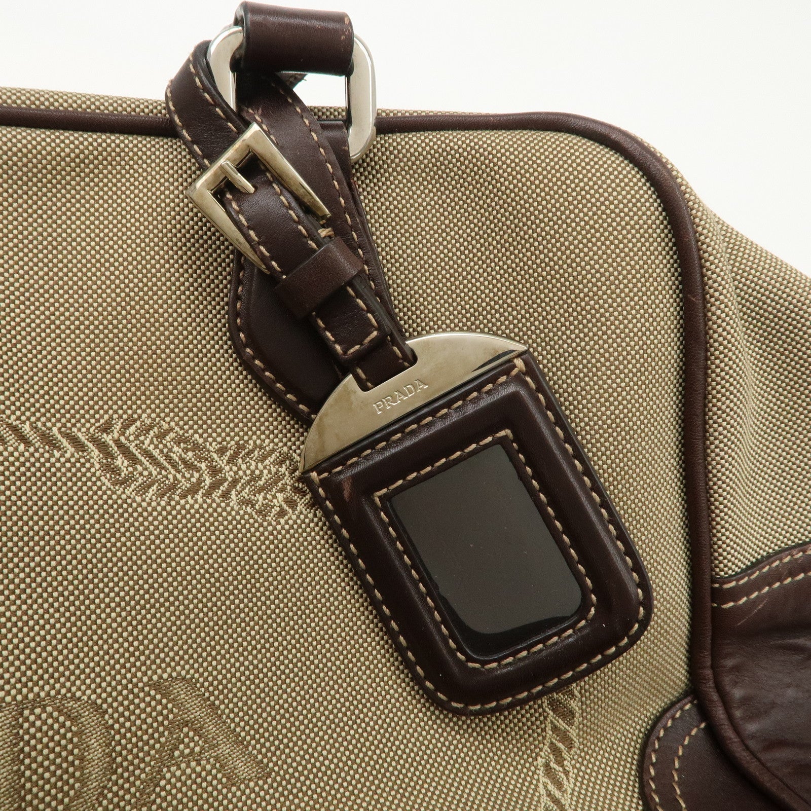 PRADA Logo Jacquard Leather Boston Bag Shoulder Bag Beige BL0260 Used