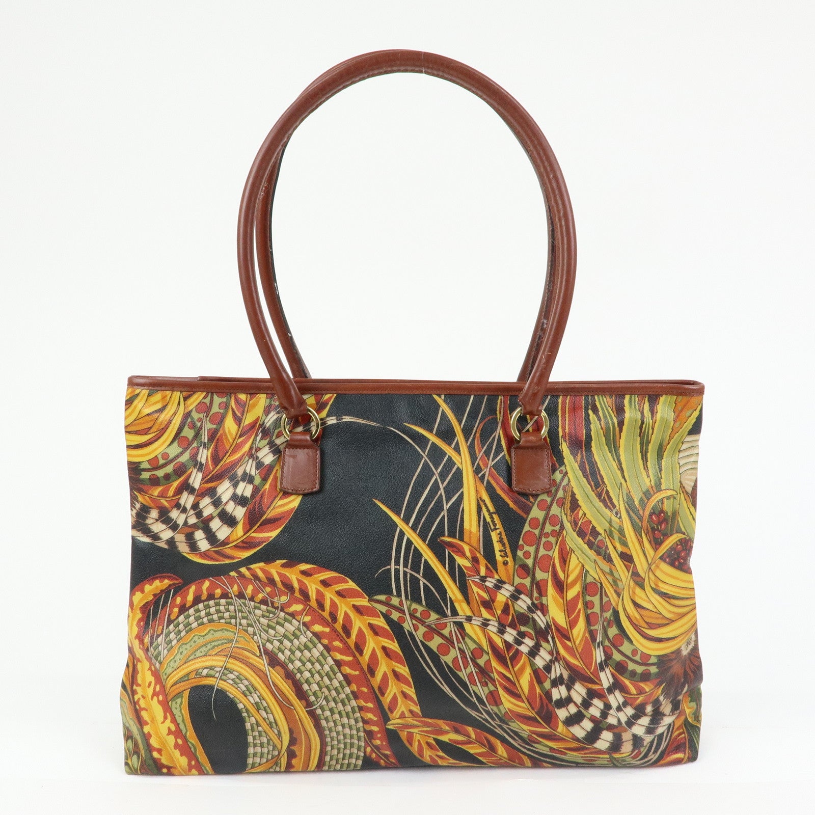 Ferragamo PVC Leather Tote Bag Shoulder Bag Black Brown Yellow