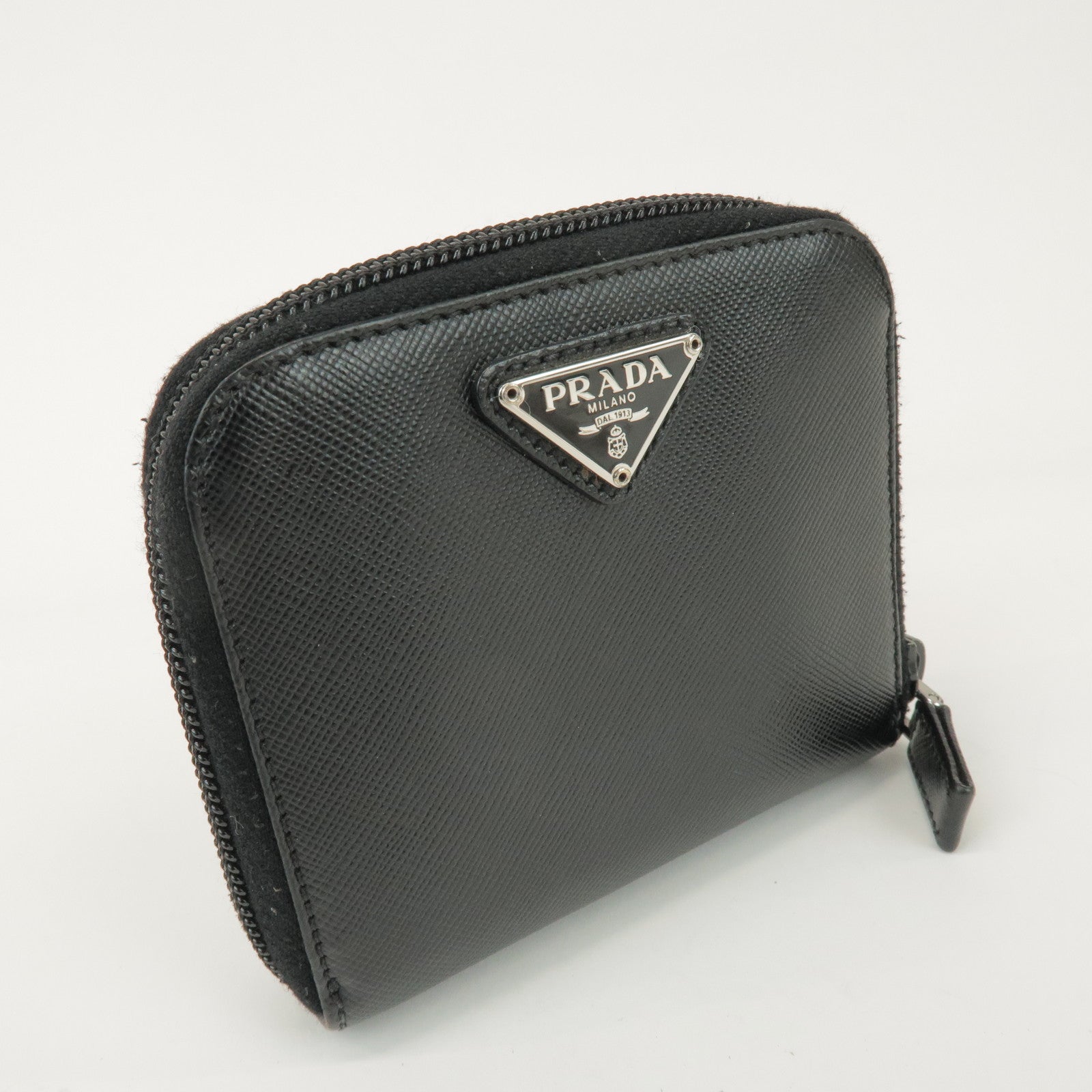 PRADA Logo Leather Round Zippy Bi-fold Wallet Black 1ML522