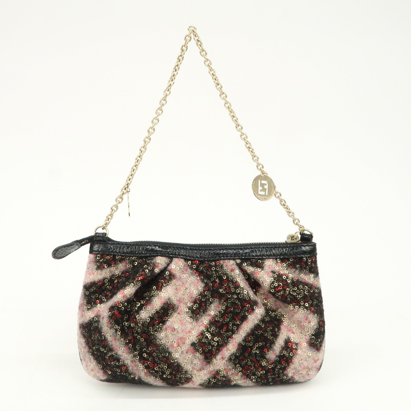 FENDI Wool Flip Sequin Leather Chain Bag Pouch Black Pink 8BR594