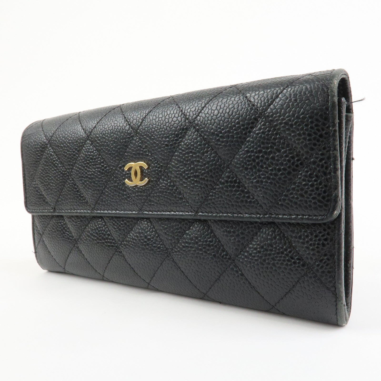CHANEL COCO Mark Matelasse Caviarskin Long Flap Wallet Black A50096