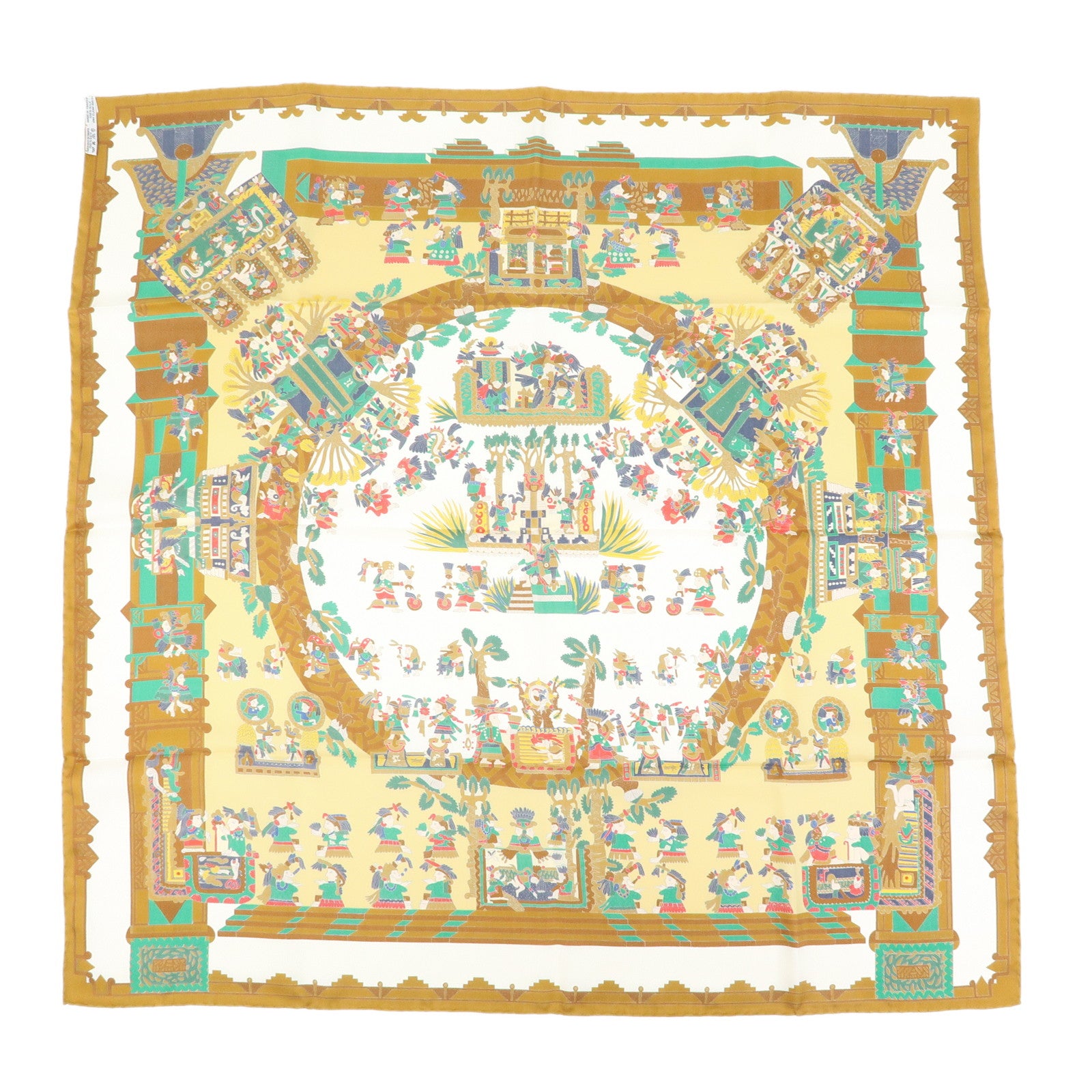 HERMES Carre 90 Silk 100% Scarf ASTRES et SOLEILS Brown Green White