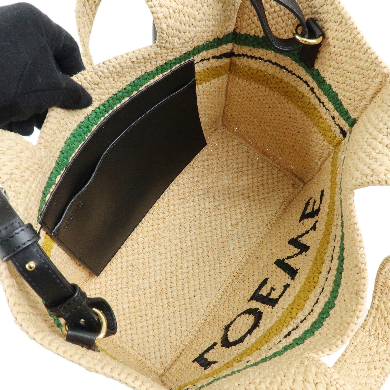 LOEWE Font Tote Bag Raffia Leather 2Way Shoulder Bag Natural Black