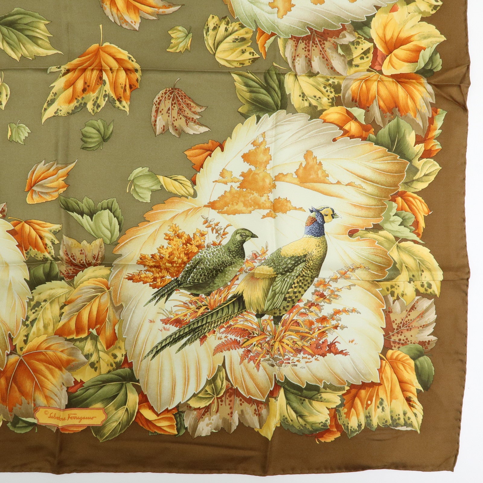 Ferragamo Silk 100% Scarf Autumn Bird And Leaf 85x85 Brown Orange