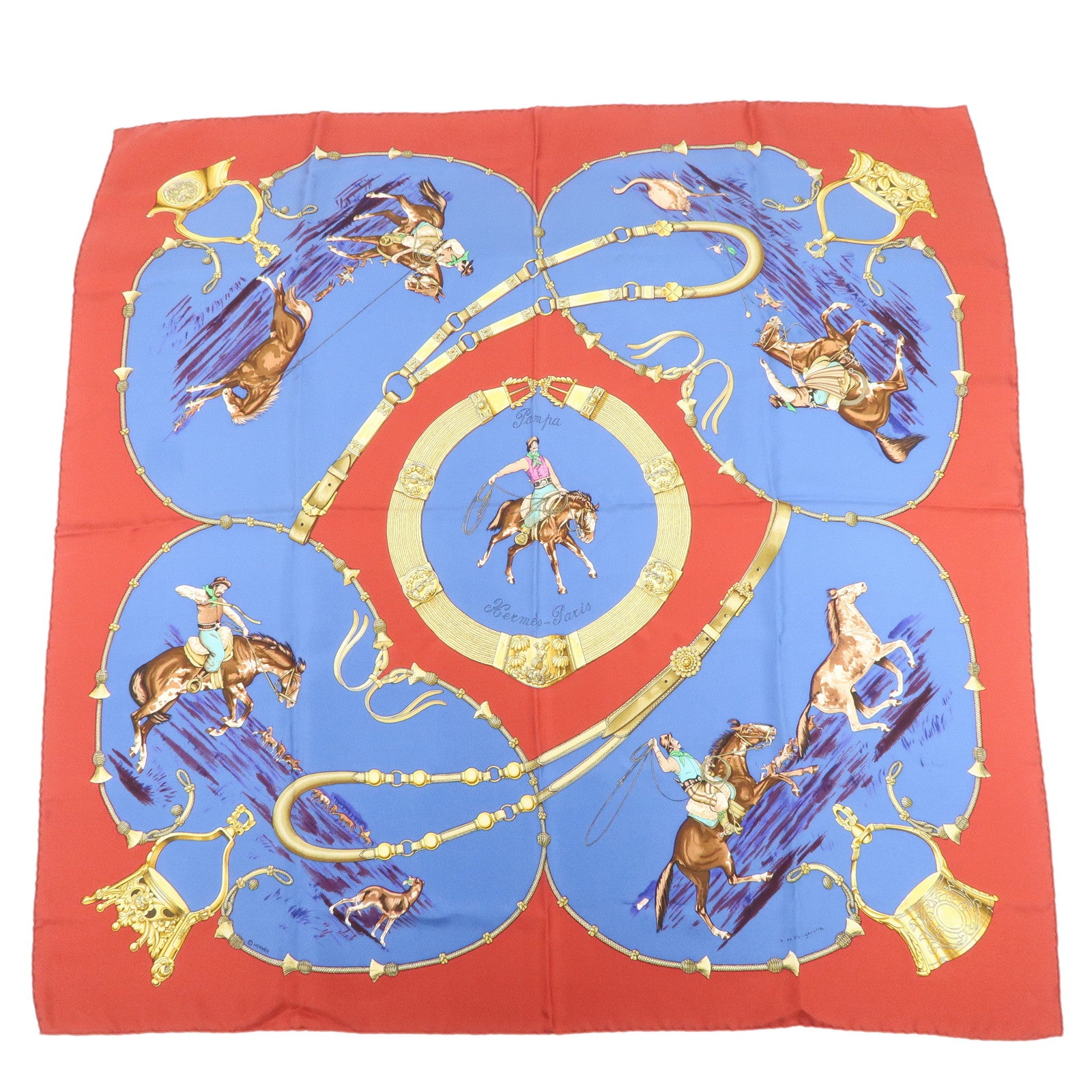 HERMES Carre 90 Silk 100% Scarf Pampa Blue Red