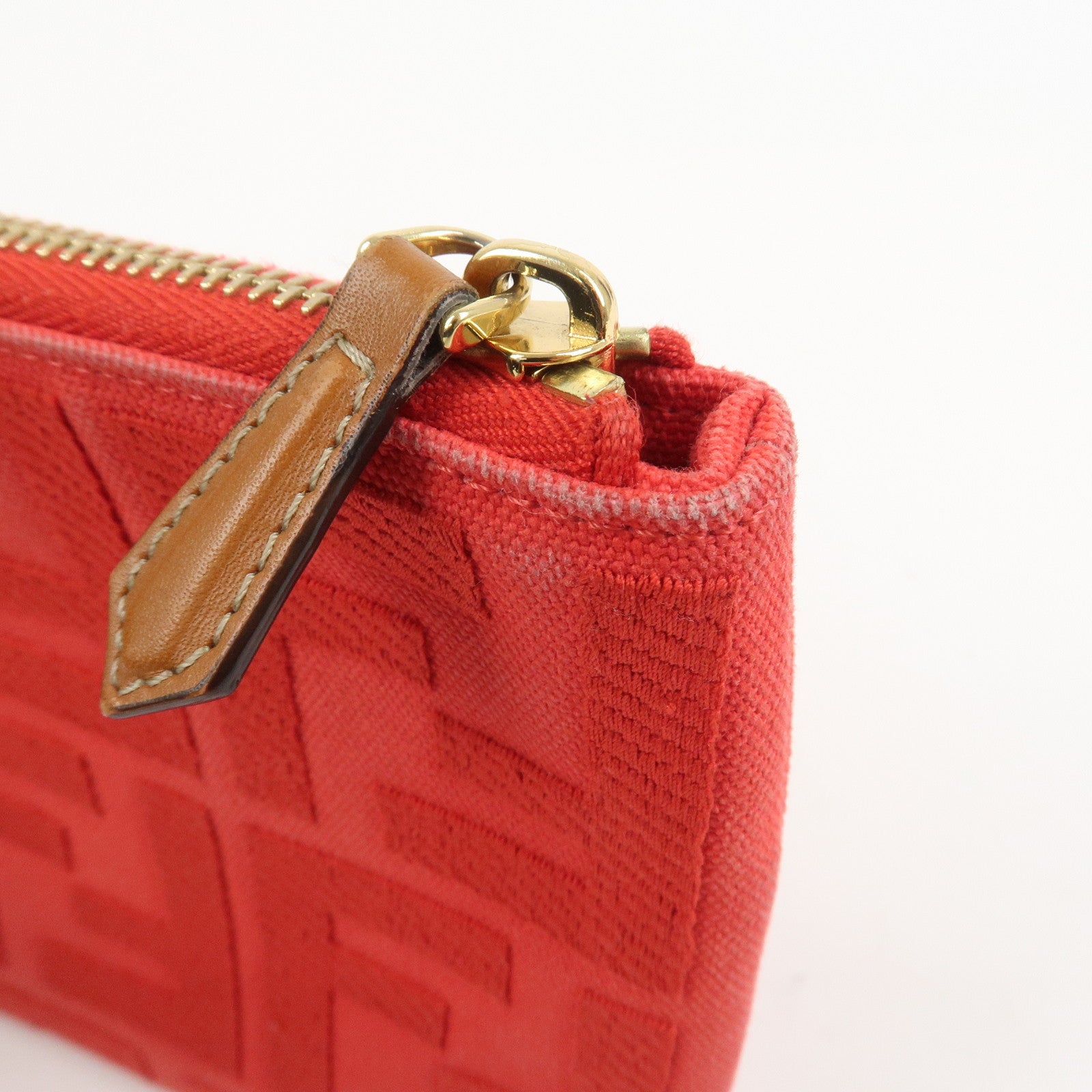 FENDI Zucca Canvas Leather Clutch Bag Cosmetic Bag Red 8N0148