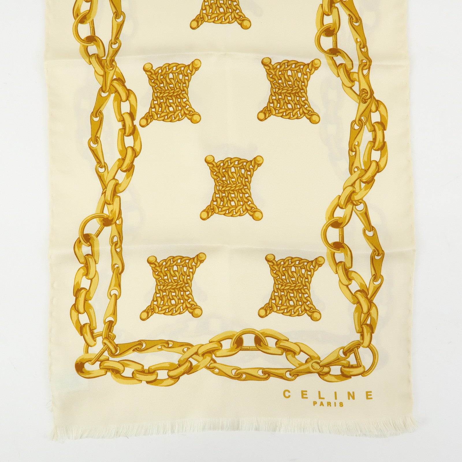 CELINE Macadam Chain Patten Silk 100% Scarf Ivory Gold