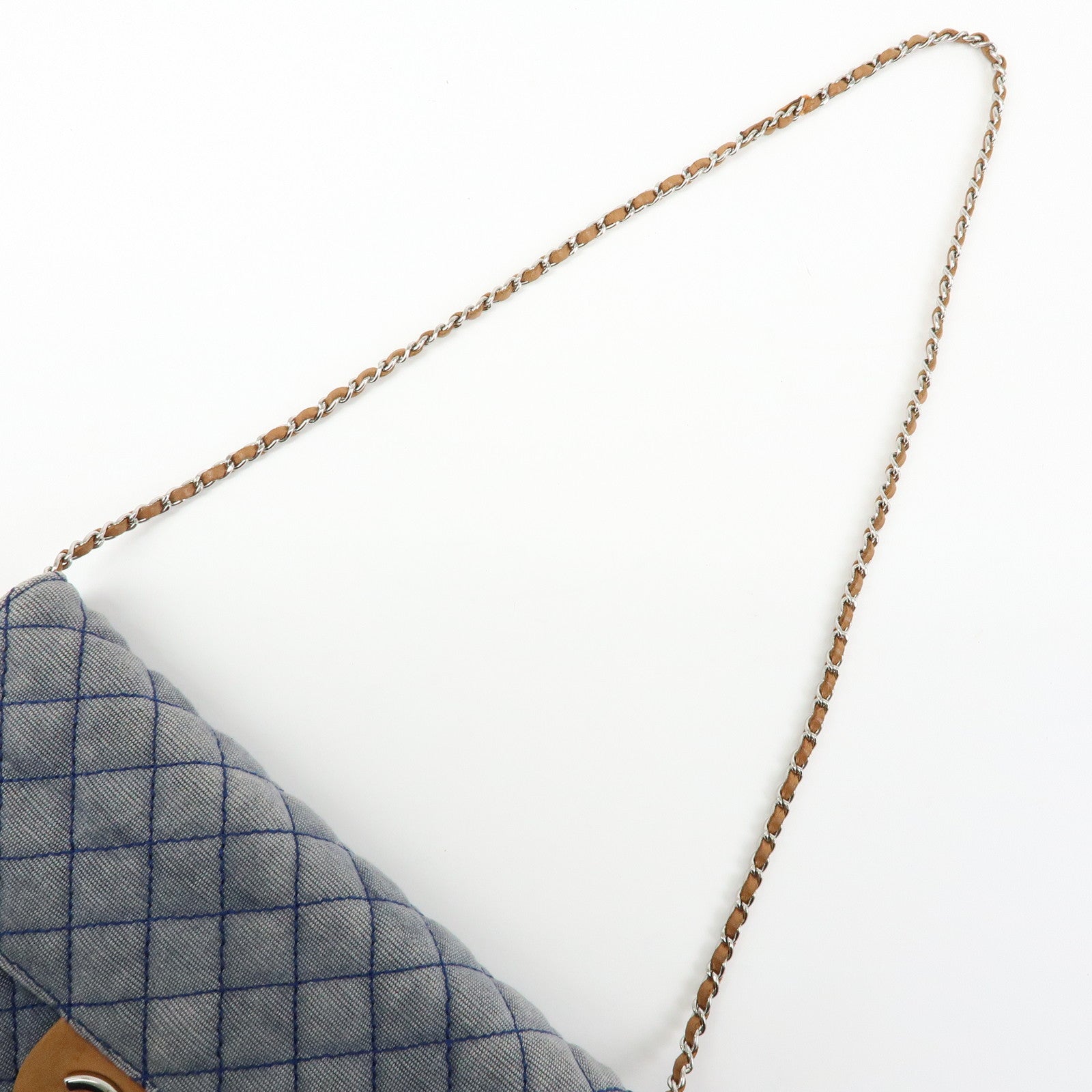 CHANEL Matelasse Denim Leather Chain Shoulder Bag Blue Light Brown