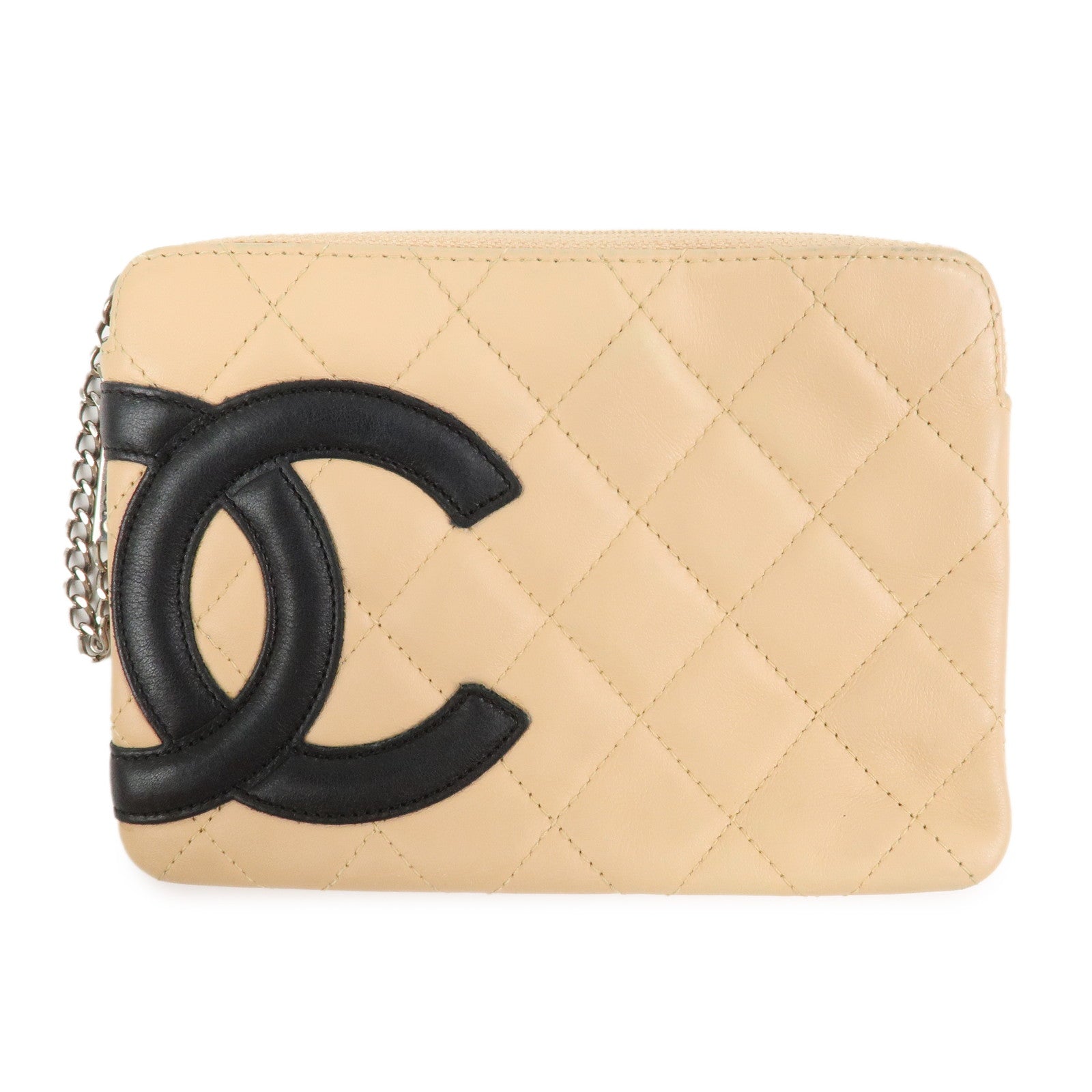 CHANEL Cambon Line Lamb Skin Cosmetic Pouch Makeup Bag Beige Black