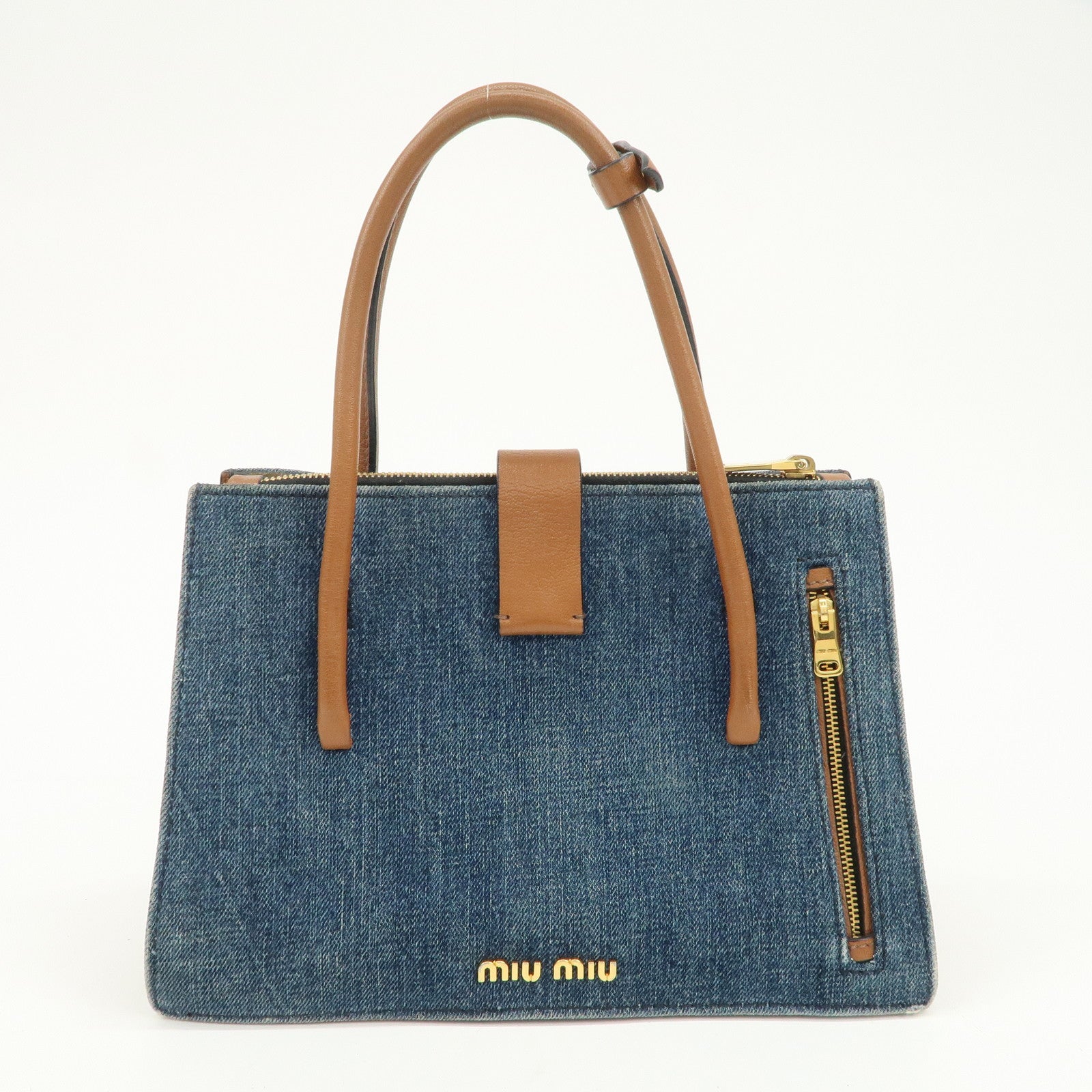 MIU MIU Madras Convertible Denim Leather 2Way Bag Hand Bag 5BA104