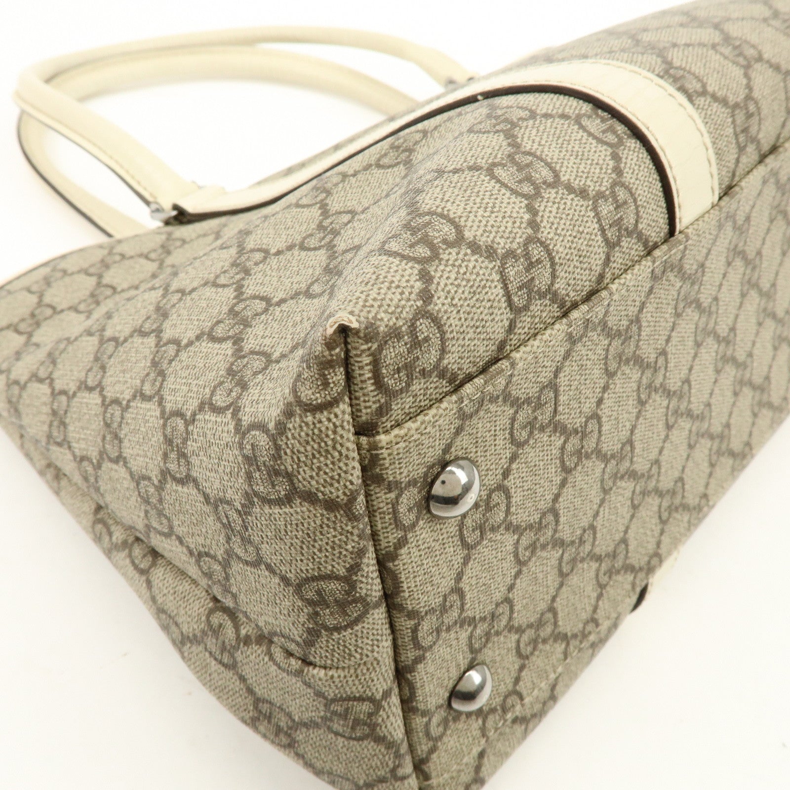 GUCCI GG Canvas Leather Shoulder Bag Tote Bag Beige White 114595