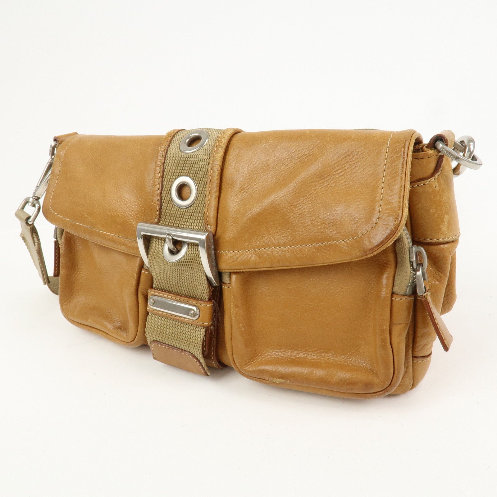 PRADA Triangle Logo Leather Front Pocket Shoulder Bag Brown BR2417