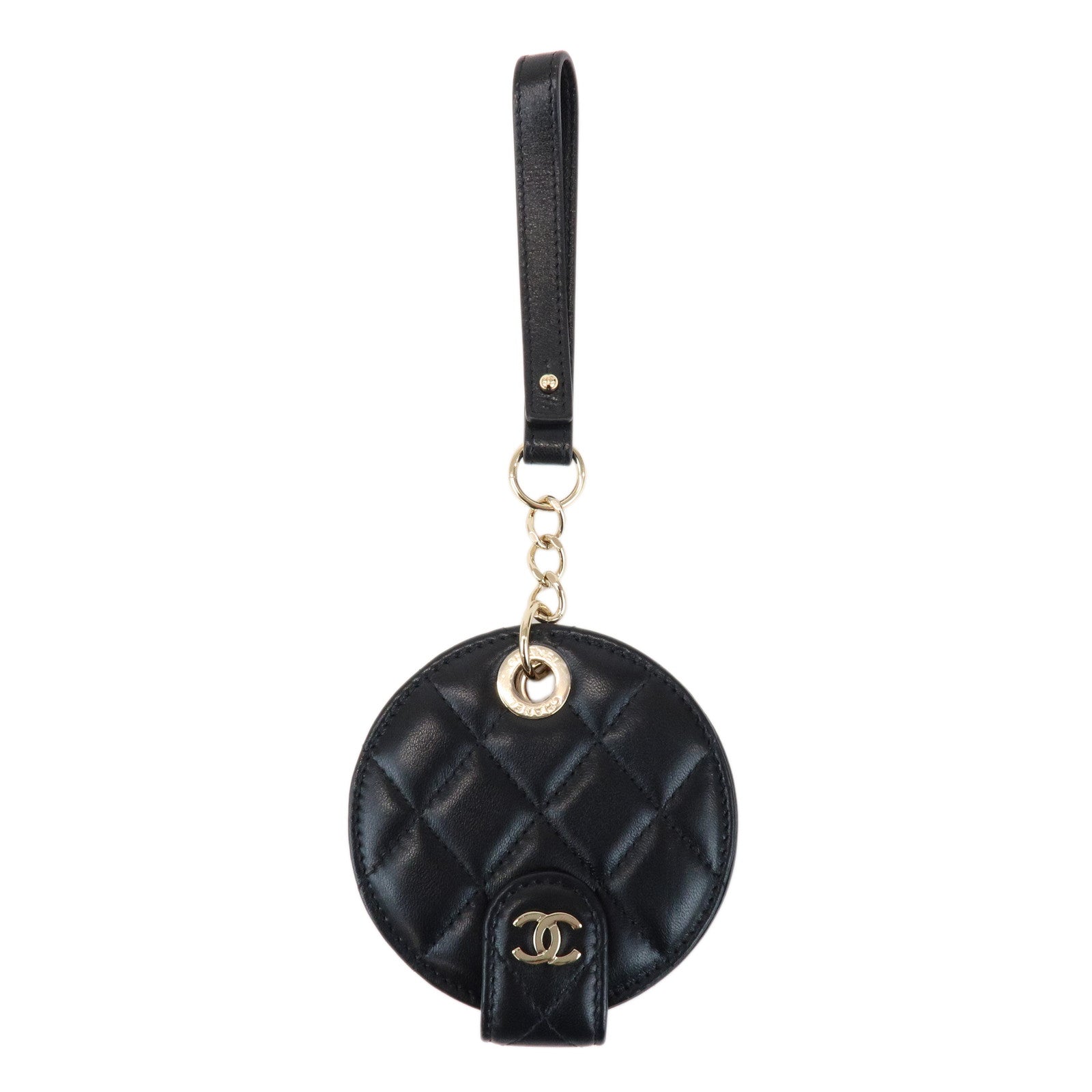 CHANEL Matelasse COCO Mark Lamb Skin Bag Charm Key Chain Black
