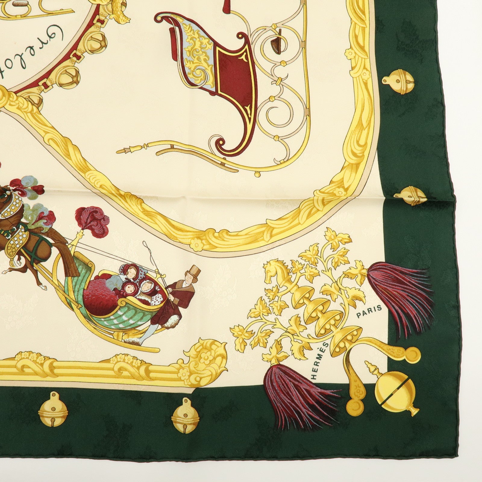 HERMES Carre 90 100% Silk Scarf Plumes et Grelots Moss Green Beige