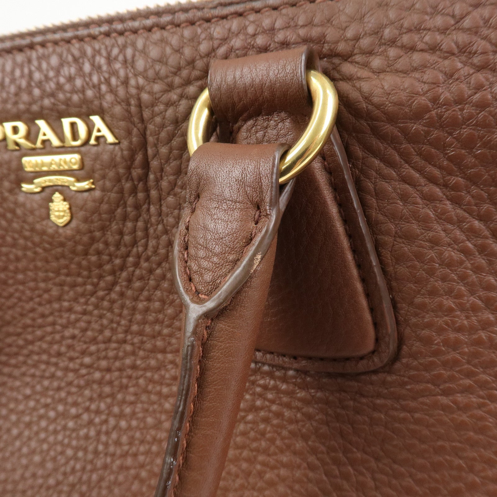 PRADA Logo Leather Hand Bag Tote Bag Brown