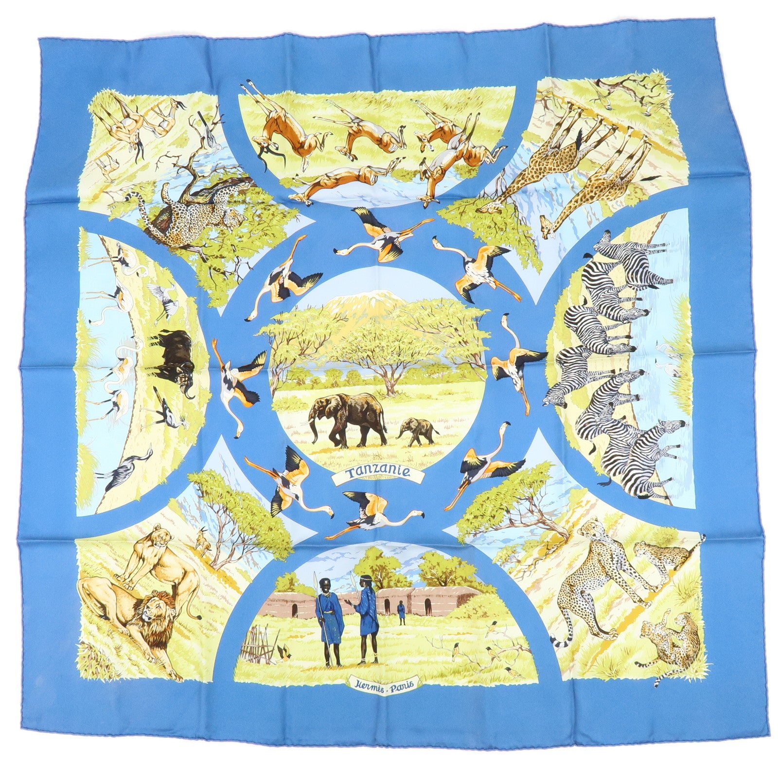 HERMES Carre 90 Silk 100% Scarf Tanzanie Animal Print Blue Green