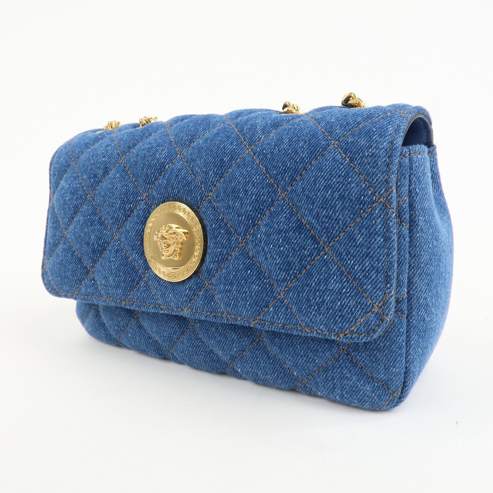 GIANNI VERSACE Demin Leather Chain Shoulder Bag Blue