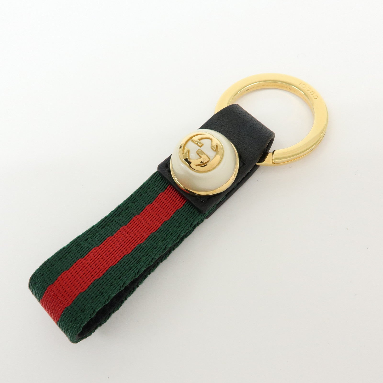 GUCCI Sherry Canvas Leather Bag Charm Key Holder Black 476390