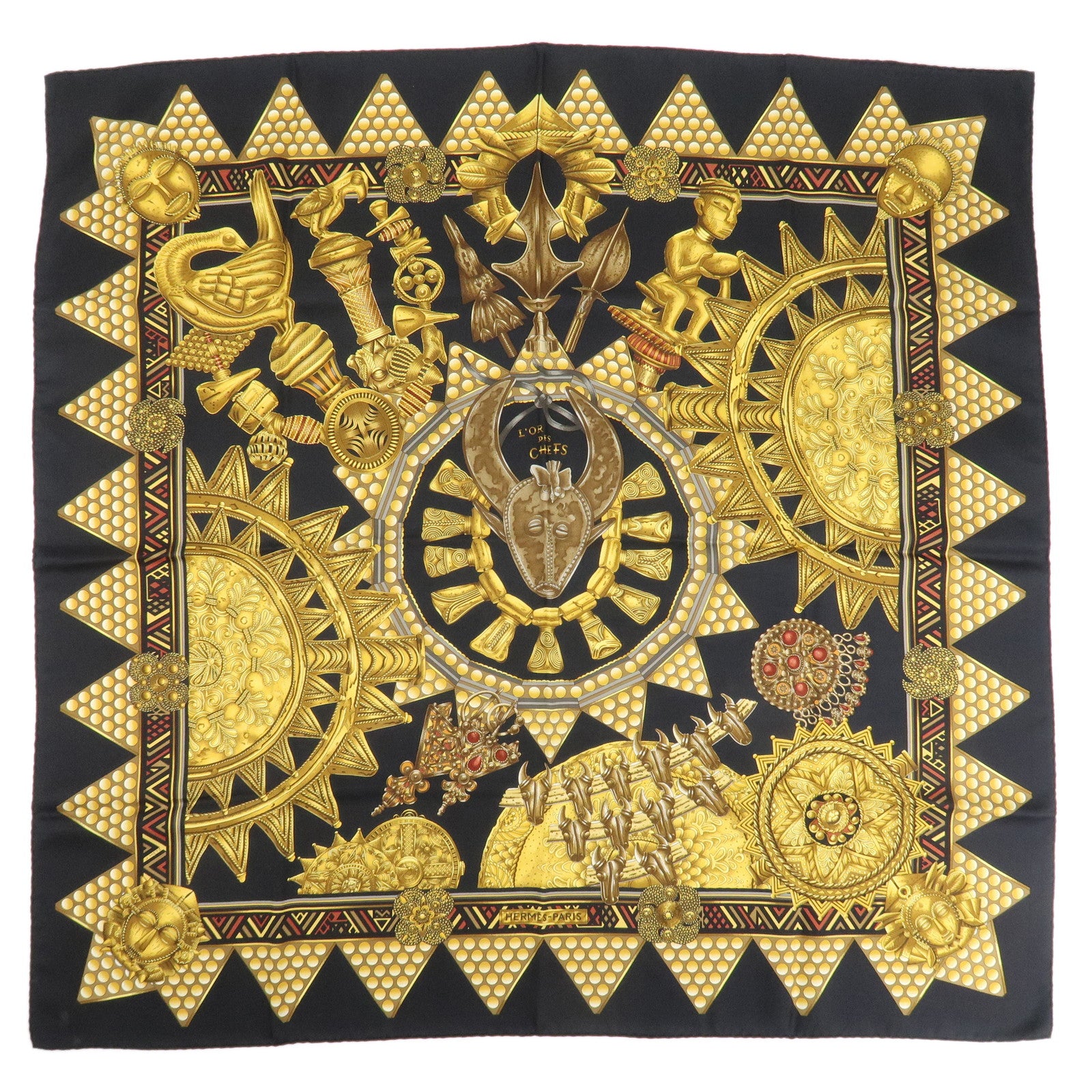 HERMES Carre 90 Silk 100% Scarf L'OR DES CHEFS Gold Black Used