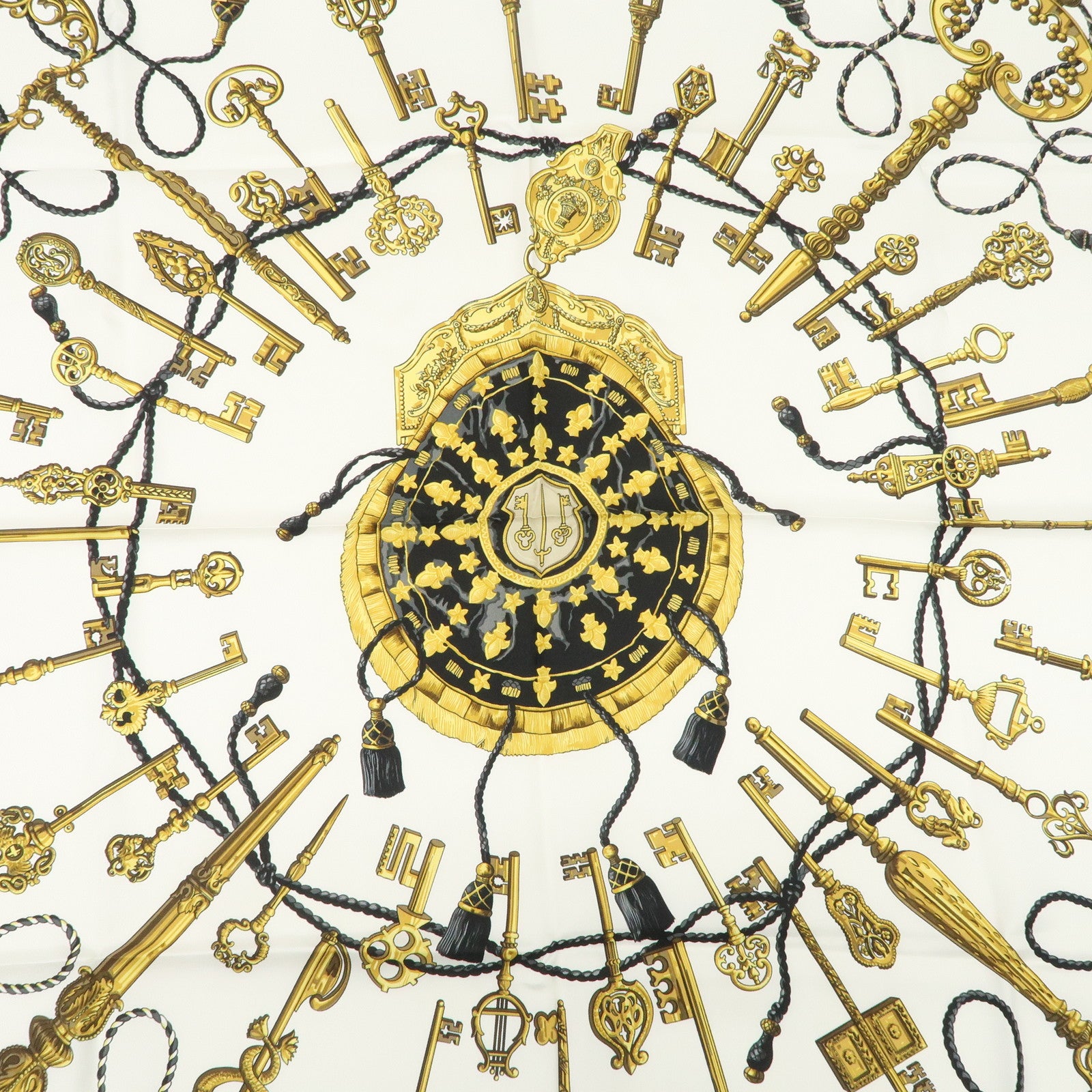 HERMES Carre 90 Silk 100% Scarf LES CLES THE KEYS RARE White Used