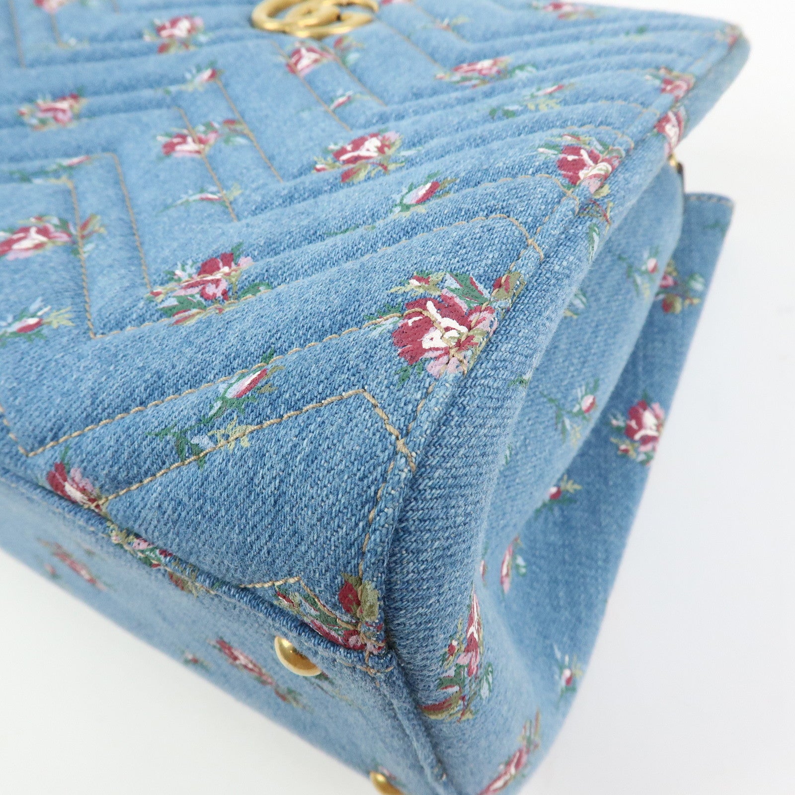 GUCCI GG Marmont Denim Leather 2Way Bag Flower Motif Navy 448054