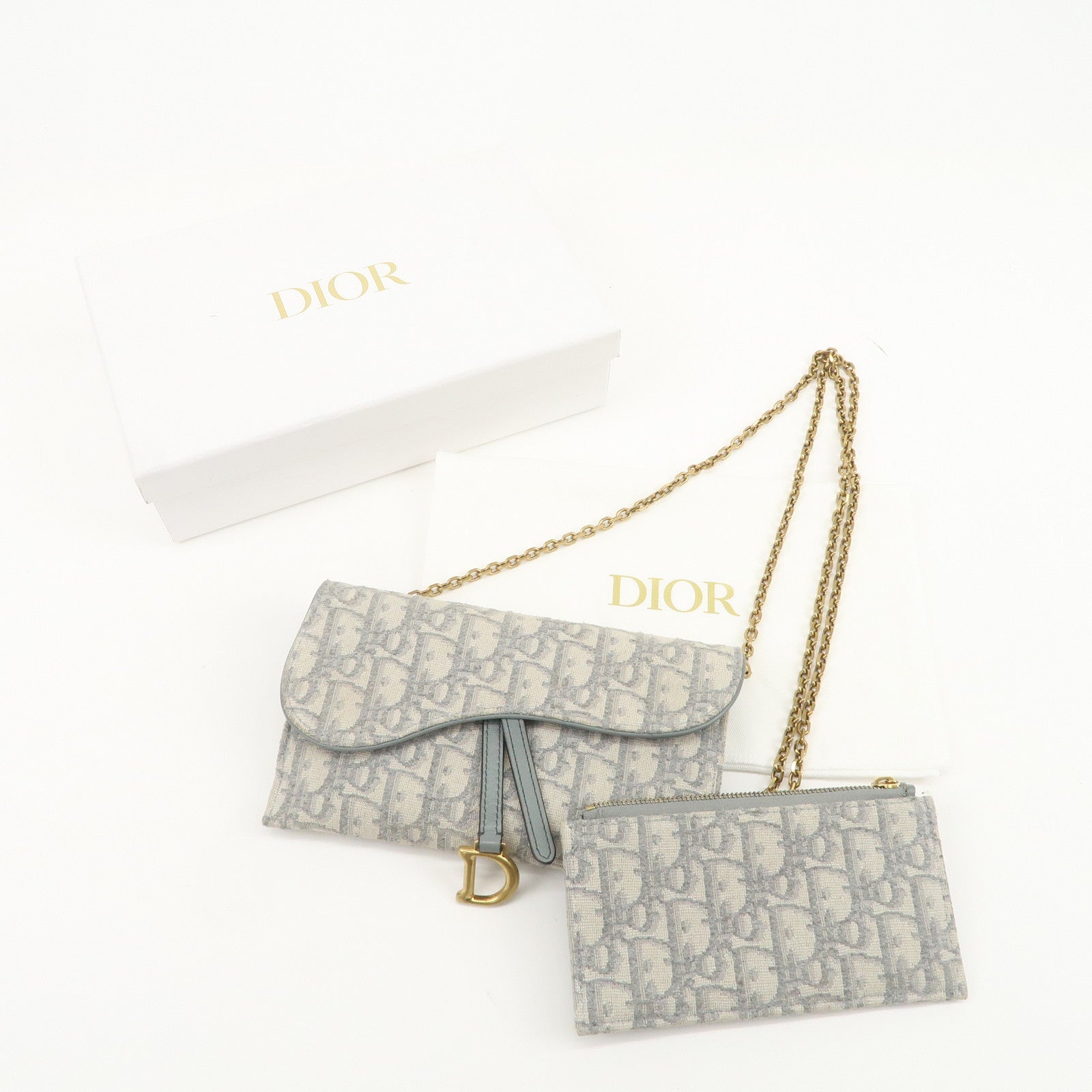 Christian Dior Oblique Jacquard Calf Leather Chain Wallet Gray WOC