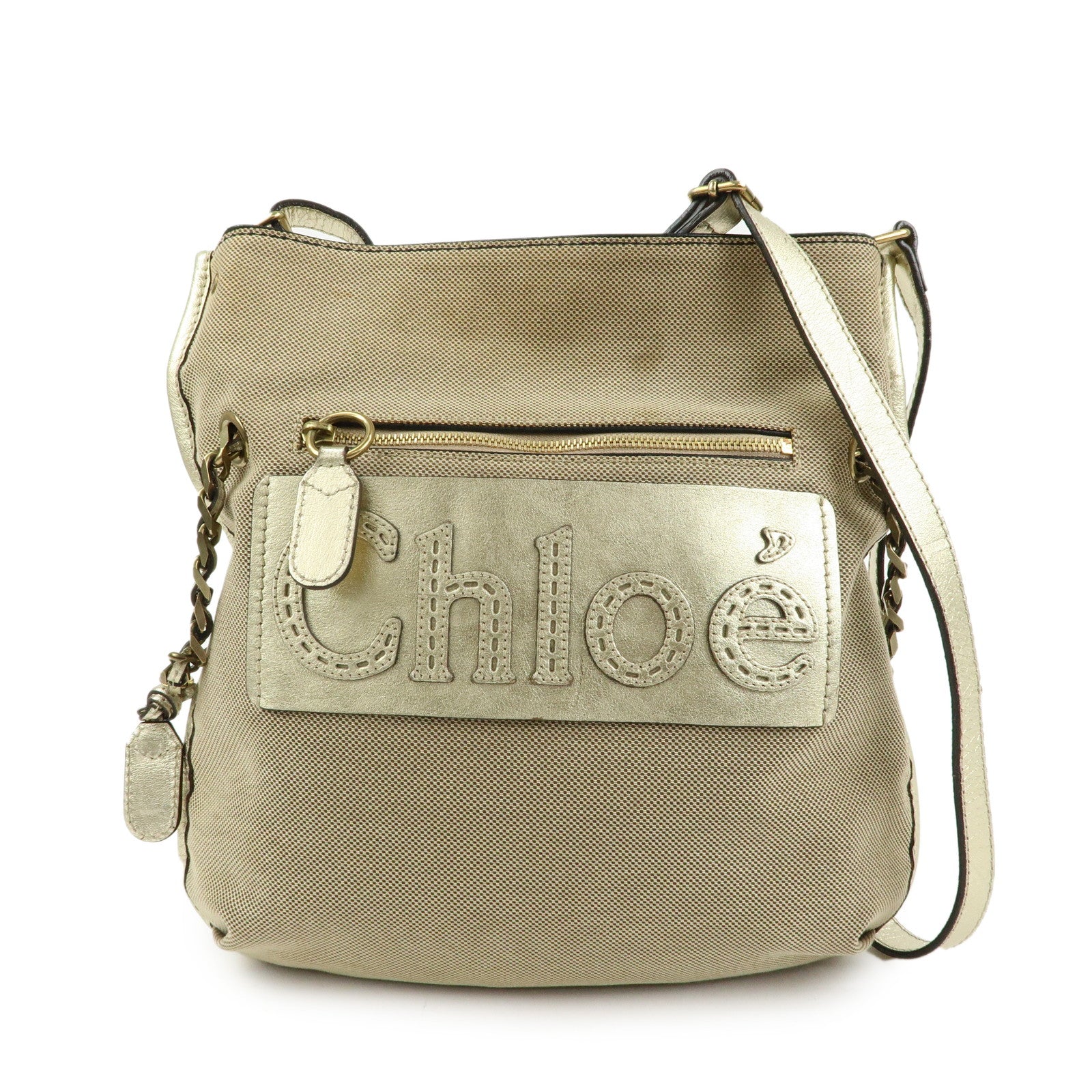 Chloe Harley Canvas Leather Shoulder Crossbody Bag Beige Gold