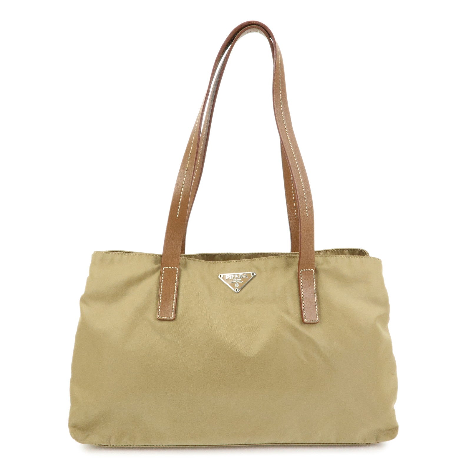 PRADA Triangle Logo Nylon Tote Bag Hand Bag Khaki Beige Brown