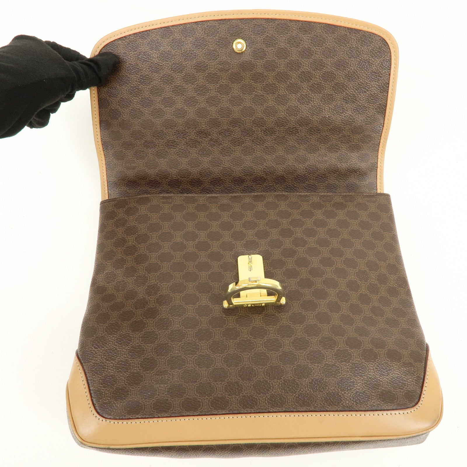 CELINE Macadam PVC Leather Hand Bag Brown Beige