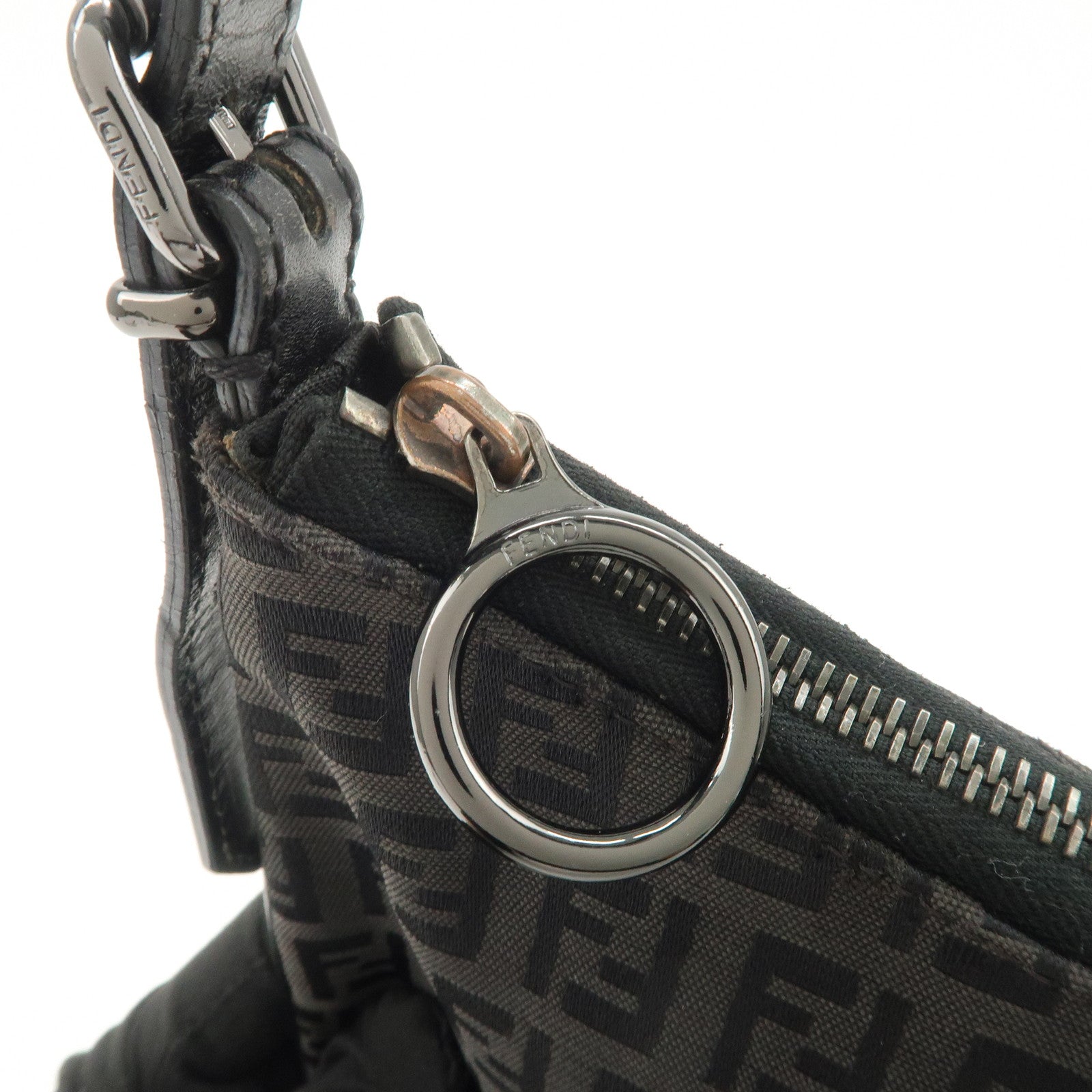 FENDI Zucchino Canvas Leather Shoulder Bag Hand Bag Black 8BR248