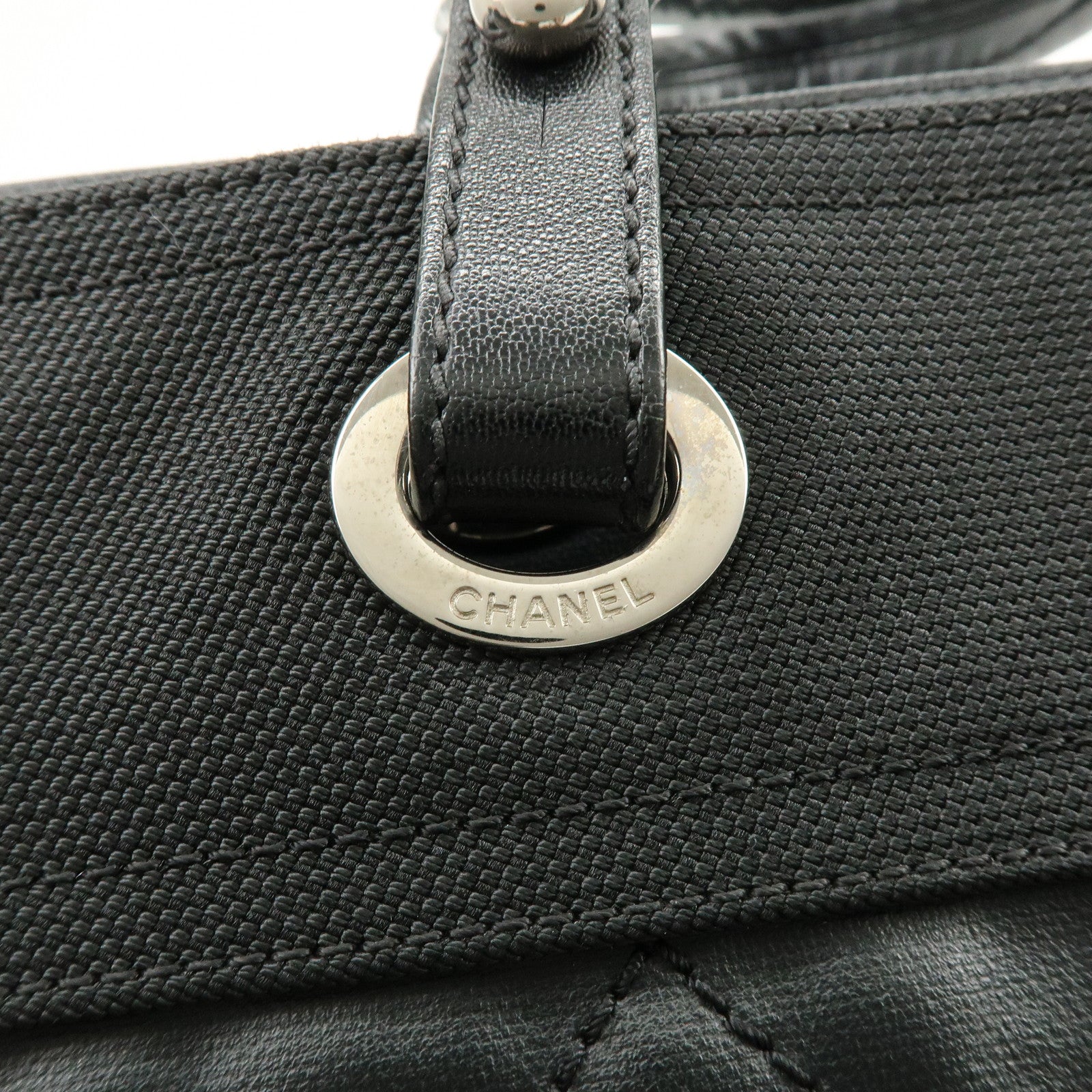 CHANEL PVC Canvas Leather Paris Biarritz MM Tote Hand Bag A34209