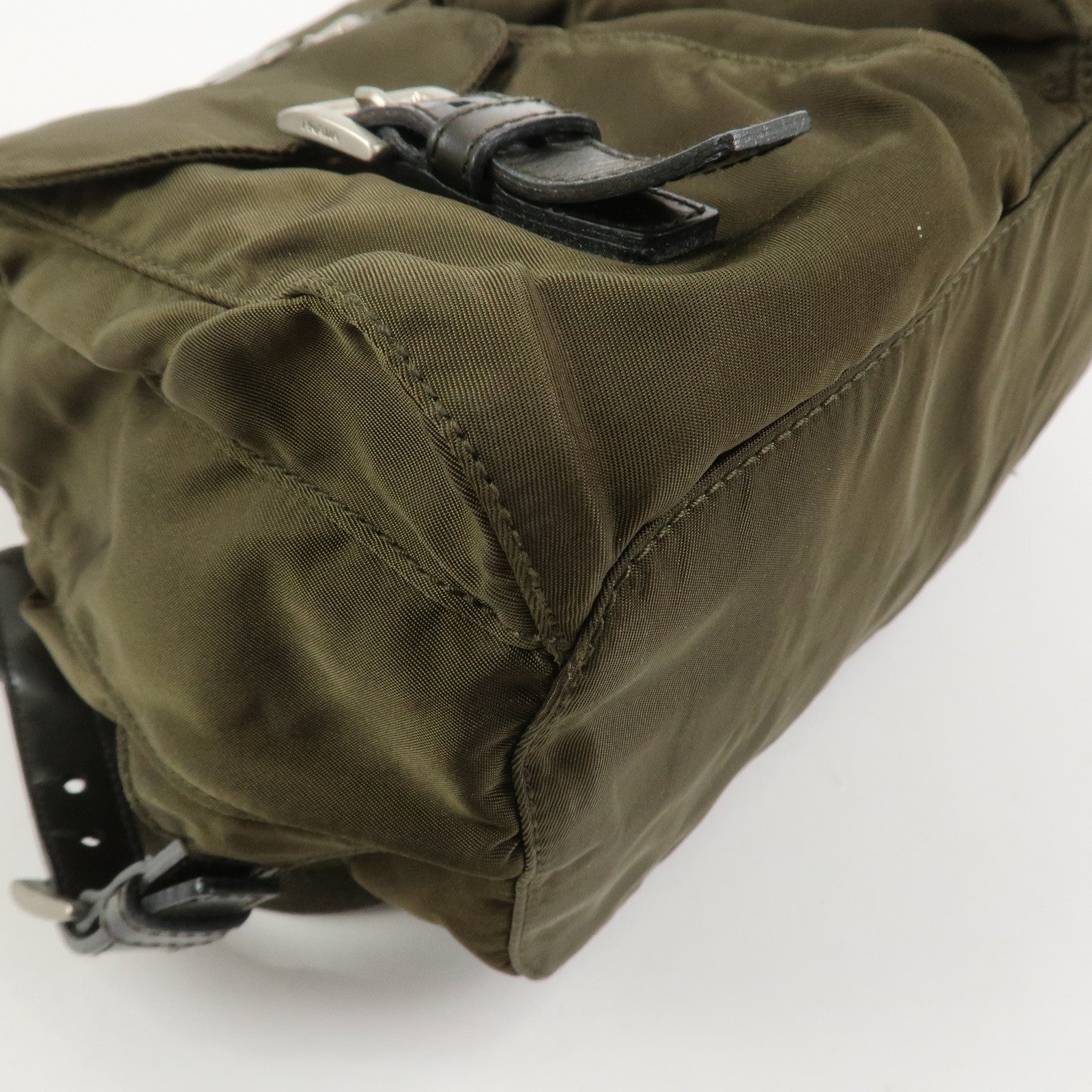 PRADA Triangle Logo Nylon Leather Backpack Rucksack Khaki B6677